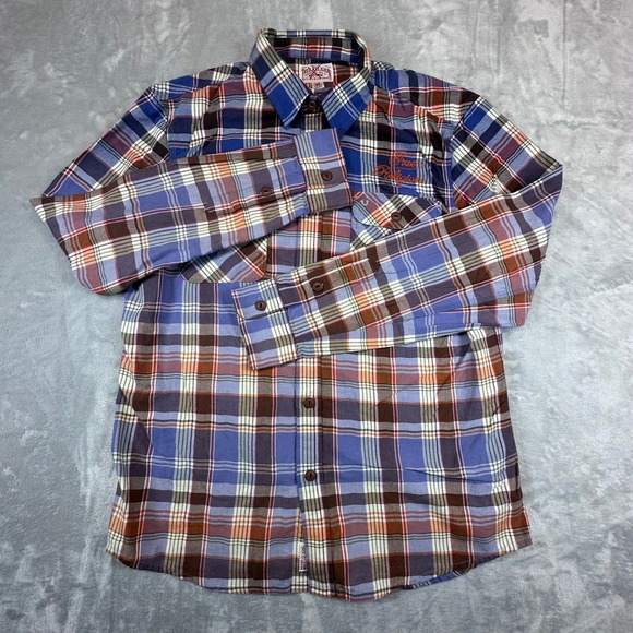 True Religion Other - True Religion Service Co‎ Flannel Shirt XL Blue Plaid Back Graphic Embroidered